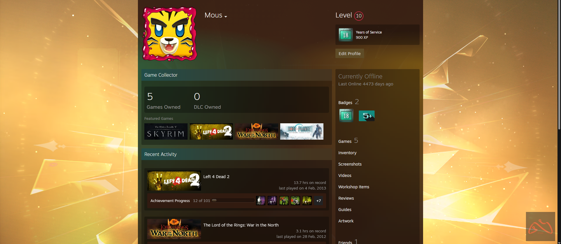 اکانت 18 ساله لول 10 استیم دارای 5 بازی